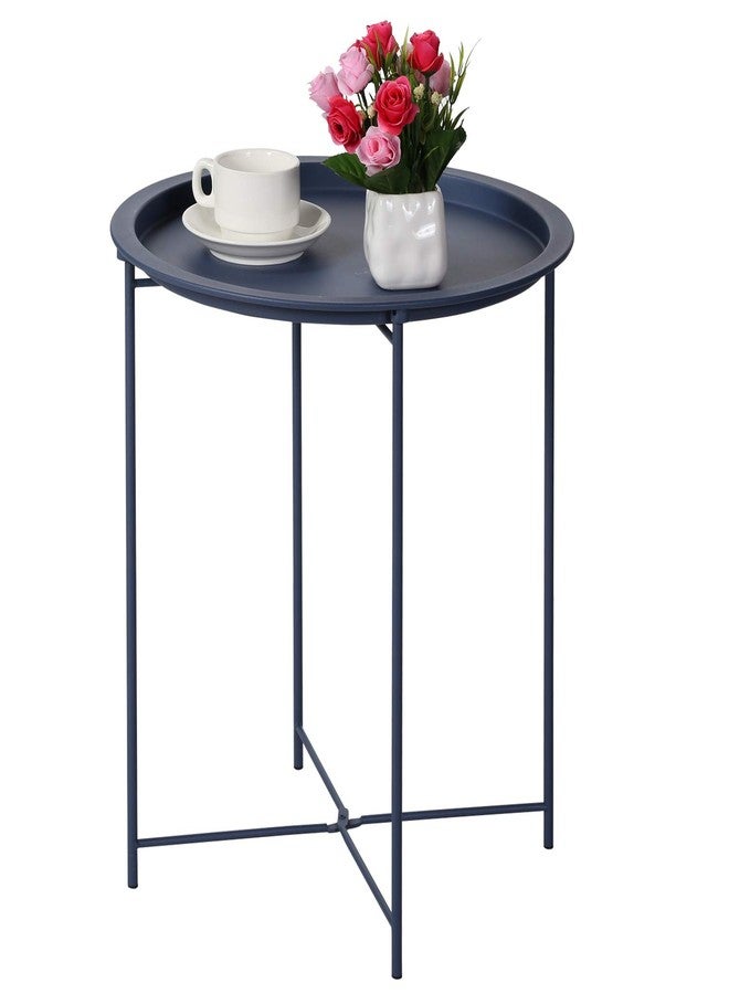 VECELO Modern End Side Tables,Round Metal Foldable Tray,Stable Snack Nightstand for Outdoors,Small Space,Living Room and Balcony, Blue, 18.5 in x 18.5 in x 19.7 in - Image 1