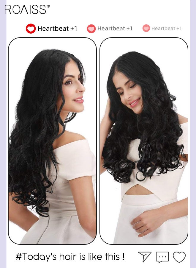 رويس 4 قطع من وصلات الشعر المجعدة غير المرئية القابلة للتعديل، شعر صناعي طويل مقاوم للحرارة للنساء والفتيات، أسود طبيعي، 51 سم (20 بوصة) - Image 2