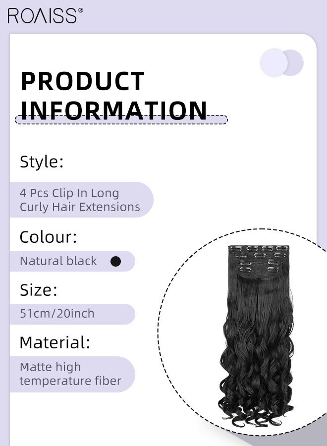 رويس 4 قطع من وصلات الشعر المجعدة غير المرئية القابلة للتعديل، شعر صناعي طويل مقاوم للحرارة للنساء والفتيات، أسود طبيعي، 51 سم (20 بوصة) - Image 3