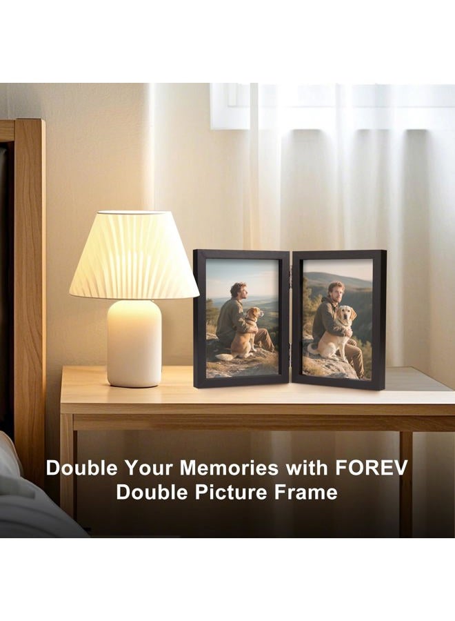 Forev 3.5x5 Double Picture Frame Wooden Hinged Photo Frame Definition Glass Stand Vertically on Desktop or Tabletop Black - Image 2