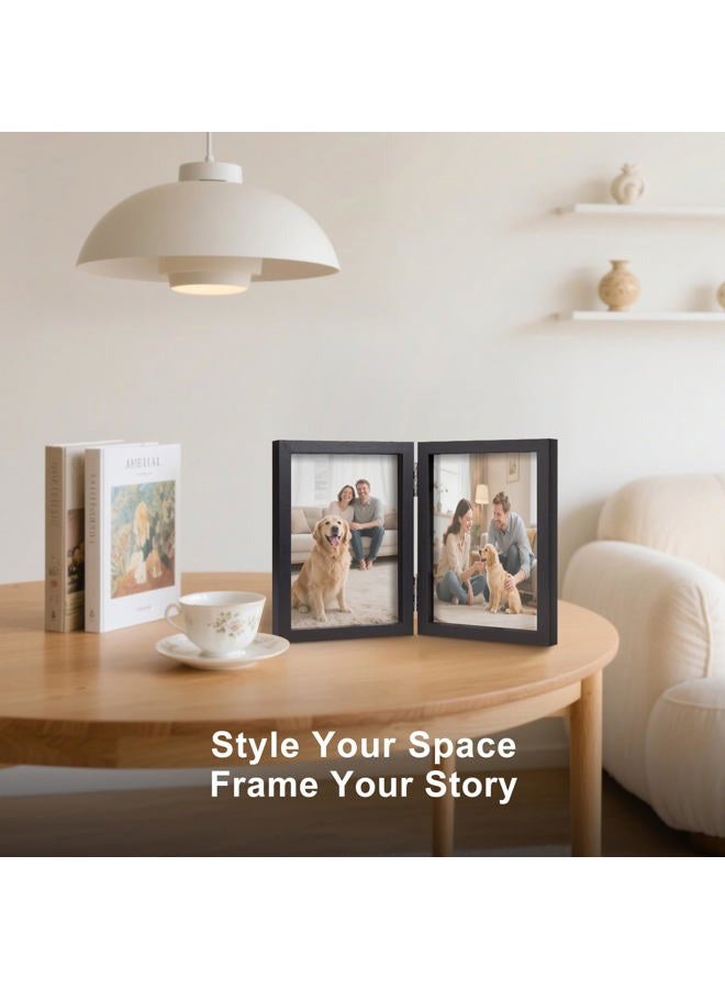 Forev 3.5x5 Double Picture Frame Wooden Hinged Photo Frame Definition Glass Stand Vertically on Desktop or Tabletop Black - Image 5