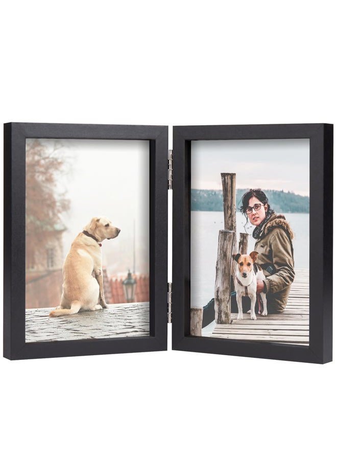 Forev 3.5x5 Double Picture Frame Wooden Hinged Photo Frame Definition Glass Stand Vertically on Desktop or Tabletop Black - Image 1