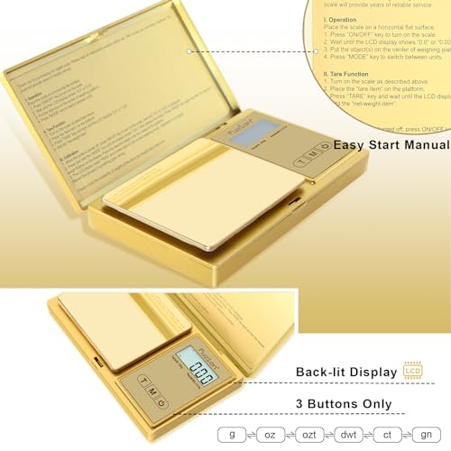 Fuzion Gram Scale, 200gx0.01g Digital Pocket Scale Gold Titanium Plating, High Precision Small Scale, 6 Units Jewelry Scale with Back-Lit LCD, Tare Function for Food, Powder, Herb, Arrow, Travel - Image 2