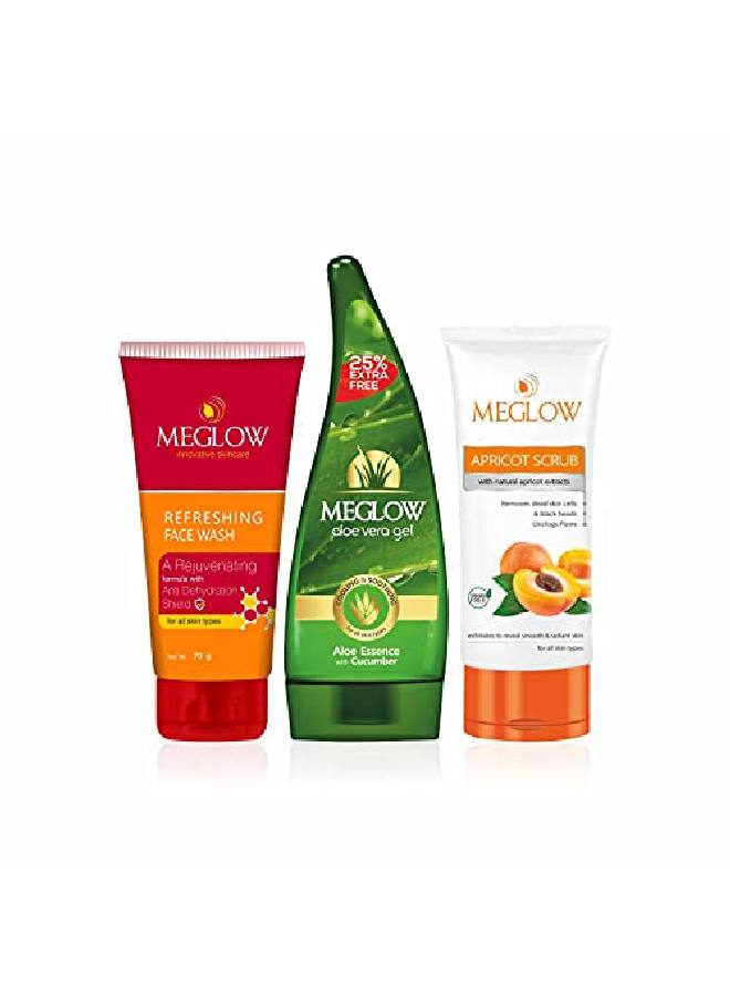 MEGLOW Skincare Combo Pack of 3 Refreshing Facewash(70g) || Apricot Scrub(70g) With l Apricot Extracts || Aloevera gel(125g) Enriched with Aloevera and Cucumber || For Smooth and Nourished Skin - Image 2