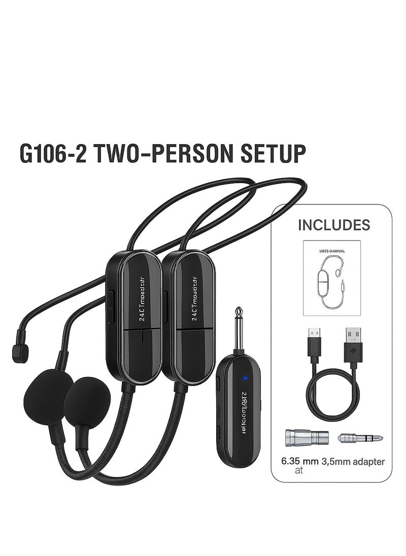 2.4G Wireless Headset Microphone – One-to-Two System with 6.35mm Plug, Dual Transmitters, DSP Noise Reduction, 50M Range, Rechargeable