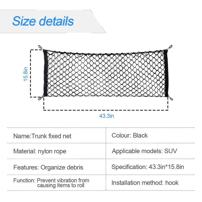 Hanemia Car Rear Cargo Net, Adjustable Elastic Storage Organizer Net, Trunk Cargo Storage Net, Universal Fit for Car, Vehicle, SUV (43.3"x 15.8") - Image 2