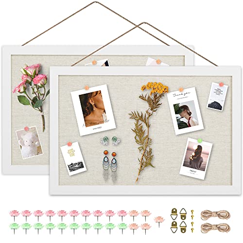 AKTOP 2-Pack Cork Board Bulletin Board 16x11 inch, Small Framed Corkboard with Linen for Wall, Hanging Pin Board Picture Board for Home Office Decor, Cute Vision Board with 25 Pushpins (Vintage White) - Image 1