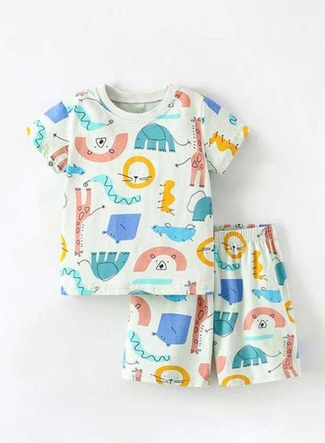 يونيكي Blue Crew Neck Short Sleeve Printed Tshirt & Shorts