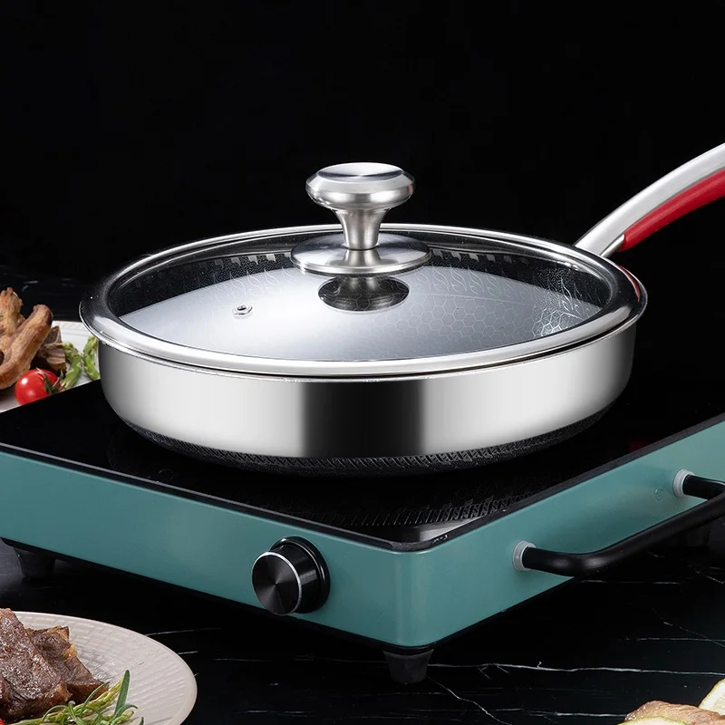 كويزيرا Stainless steel Non - stick , Honeycomb Frying Pan with Glass lid and Silicone spoon rest-22cm