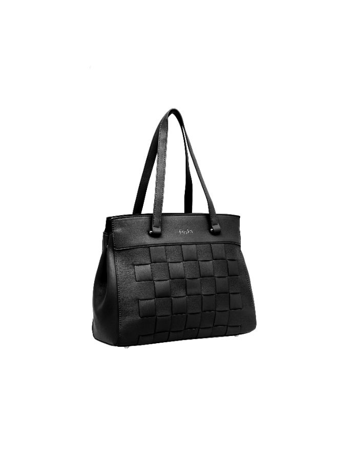 فوسكا شنطة Foska يد وتوت نسائية واسعة – تصميم الشعار البارز وسلسلة معدنية لون أسود – مقاس 33x27 سم - Image 2