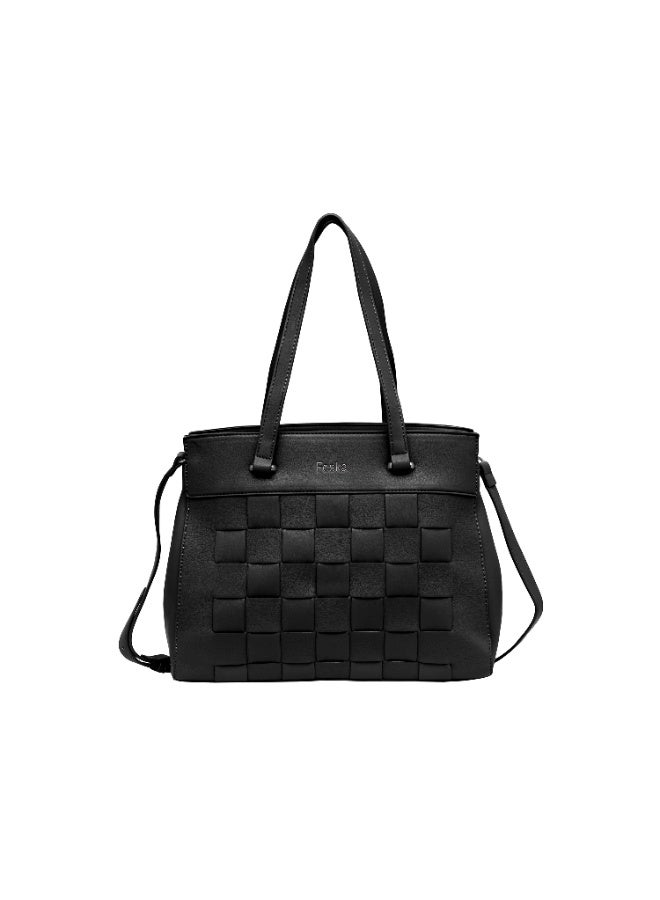 فوسكا شنطة Foska يد وتوت نسائية واسعة – تصميم الشعار البارز وسلسلة معدنية لون أسود – مقاس 33x27 سم - Image 1