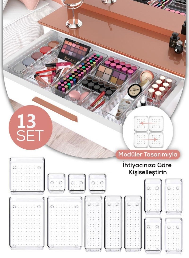 منظم أدراج بلاستيكي شفاف، مكون من 13 قطعة: قابل للتكديس، مضاد للانزلاق، متعدد الوظائف - Image 1