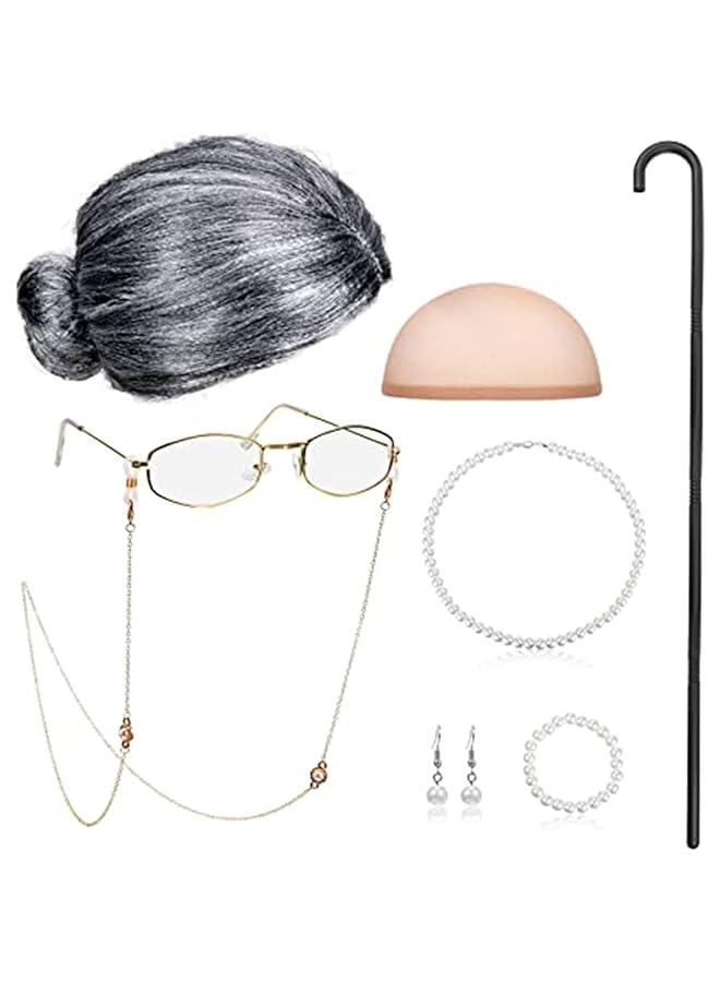 erorex Old Lady Cosplay Set Granny Wig Inflatable Cane Glasses Chain Cords Faux Pearl Bead Necklace For Halloween Costume Cosplay  - Image 1
