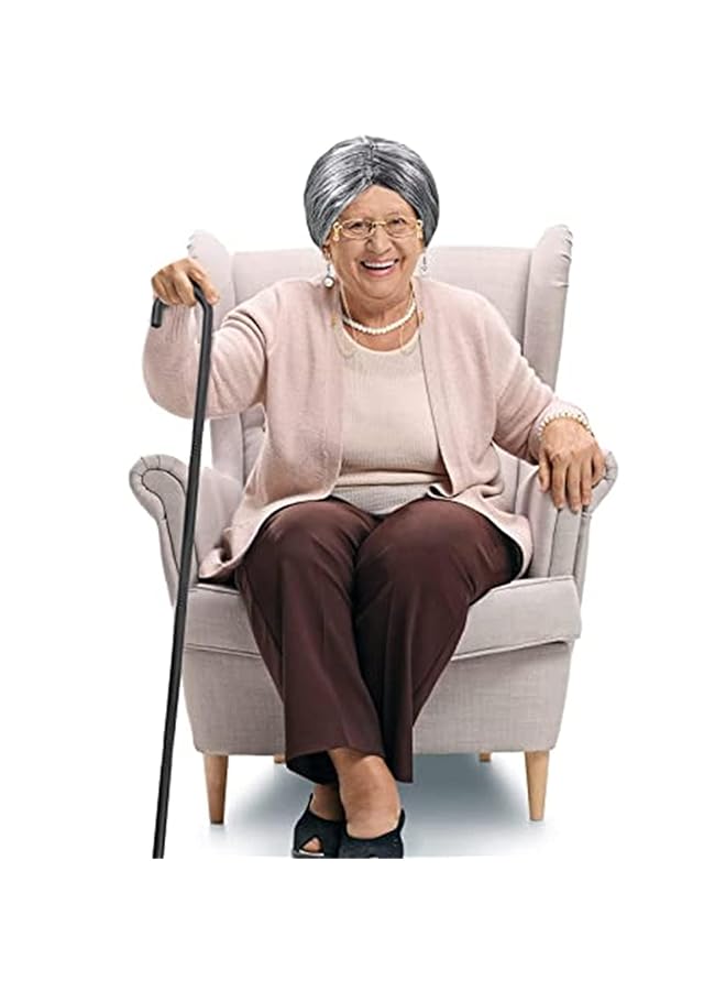 erorex Old Lady Cosplay Set Granny Wig Inflatable Cane Glasses Chain Cords Faux Pearl Bead Necklace For Halloween Costume Cosplay  - Image 5