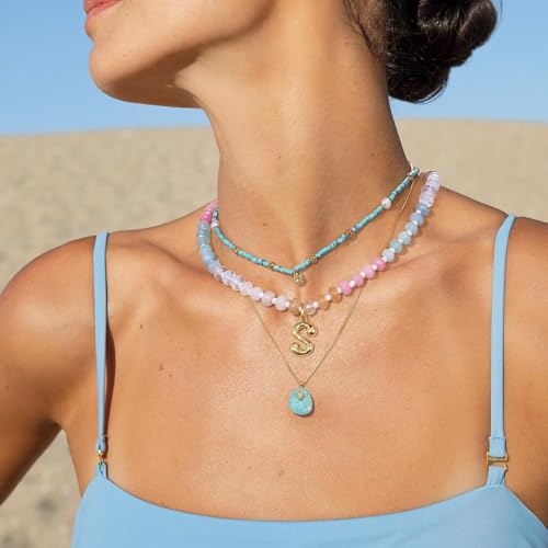 KissYan Initial Necklaces for Women, Colorful Beaded Gemstone Choker 14K Gold Bubble Letter Pendant Necklace Natural Stone Summer Beach Handmade Jewelry Gift (Aura S) - Image 4