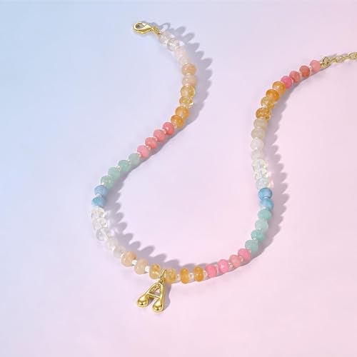 KissYan Initial Necklaces for Women, Colorful Beaded Gemstone Choker 14K Gold Bubble Letter Pendant Necklace Natural Stone Summer Beach Handmade Jewelry Gift (Aura S) - Image 5