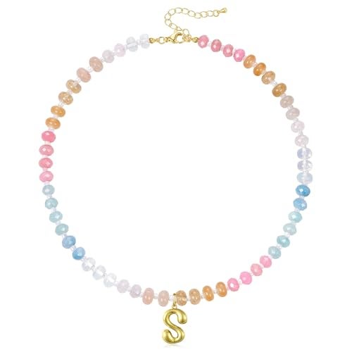KissYan Initial Necklaces for Women, Colorful Beaded Gemstone Choker 14K Gold Bubble Letter Pendant Necklace Natural Stone Summer Beach Handmade Jewelry Gift (Aura S) - Image 1