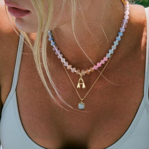 KissYan Initial Necklaces for Women, Colorful Beaded Gemstone Choker 14K Gold Bubble Letter Pendant Necklace Natural Stone Summer Beach Handmade Jewelry Gift (Aura S) - Image 2