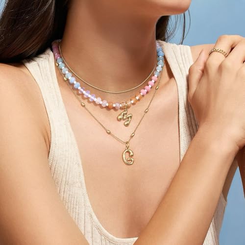 KissYan Initial Necklaces for Women, Colorful Beaded Gemstone Choker 14K Gold Bubble Letter Pendant Necklace Natural Stone Summer Beach Handmade Jewelry Gift (Aura S) - Image 3