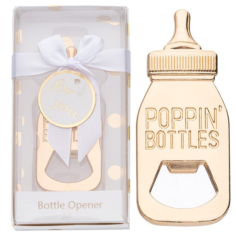 Wxzumg 24Packs Golden Baby Bottle Openers for Baby Shower Favors Gifts, Decorations Souvenirs, Poppin Bottles Openers with Exquisite Gifts Box used for Guests Gender Reveal Party Favors (white, 24)  - Image 1