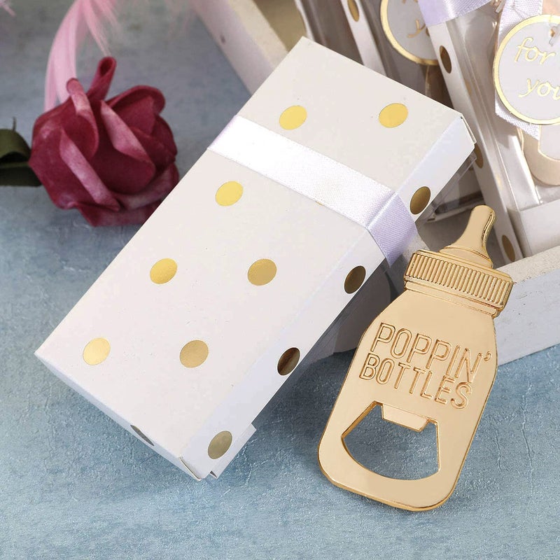 Wxzumg 24Packs Golden Baby Bottle Openers for Baby Shower Favors Gifts, Decorations Souvenirs, Poppin Bottles Openers with Exquisite Gifts Box used for Guests Gender Reveal Party Favors (white, 24)  - Image 4