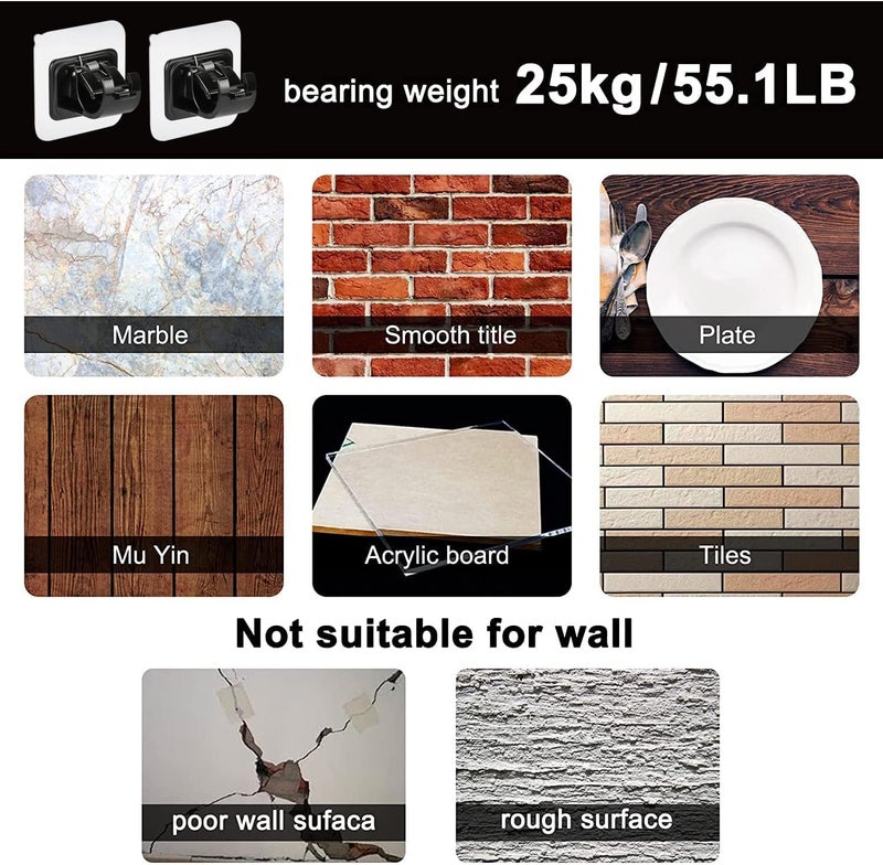 ELMVIA Self Adhesive Wall Hooks Hanger Hook for Bathroom & Kitchen Multi-Purpose Use Heavy Duty Waterproof and Rustproof Upto10KG (Black Curtain Rod Holder, 4PCS) - Image 5