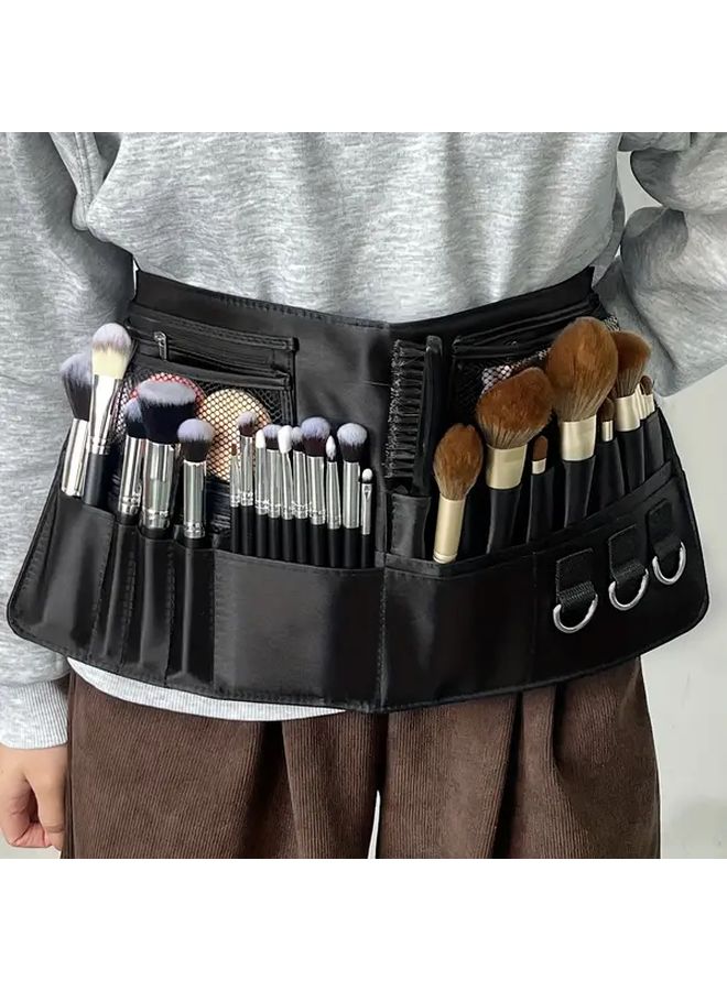 Spacious Makeup Waist Bag Large Capacity Brush Case Black Polyester Cosmetic Organizer Multiple Compartments Adjustable Strap Zipper Closure Unisex Travel Work Daily Use Artist Pouch 1 Waist Bag - Image 1
