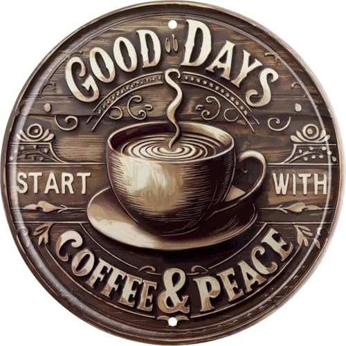 CSWLJS Vintage Coffee & Peace Round Wooden Sign for Kitchen Home Office Cafe or Outdoor Decor Rustic Wall Art 8x8 In - Image 1