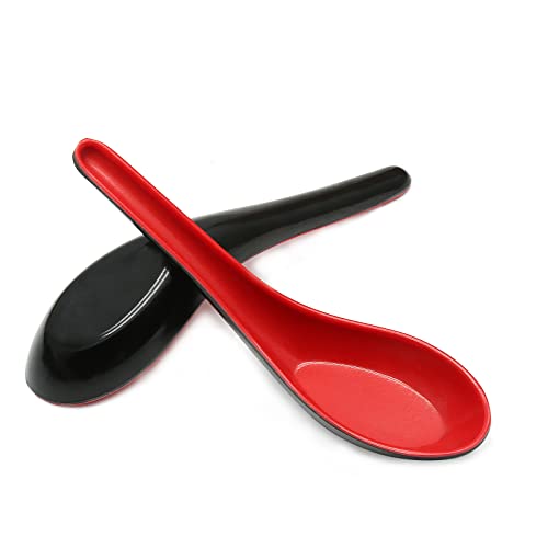 Cionyce 2PCS Asian Soup Spoons, Chinese Japanese Miso Ramen Wonton Dumpling Pho Rice Noodle Soba Soup Spoons, Red and Black Melamine Spoons - Image 1
