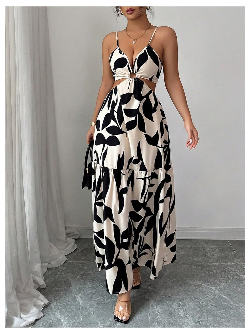 Floerns Women's Cut Out Tie Back Boho Maxi Dress Spaghetti Strap Beach Vacation Tiered Long Dresses Apricot Small - Image 4