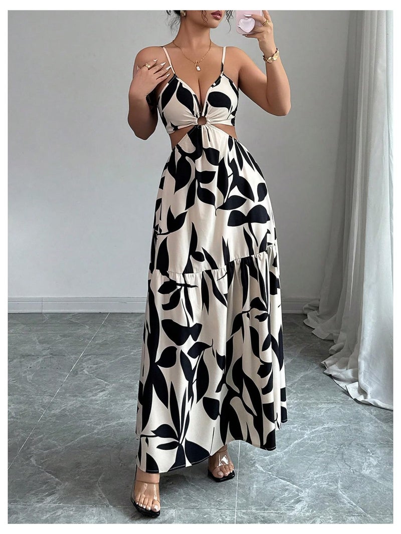 Floerns Women's Cut Out Tie Back Boho Maxi Dress Spaghetti Strap Beach Vacation Tiered Long Dresses Apricot Small - Image 5