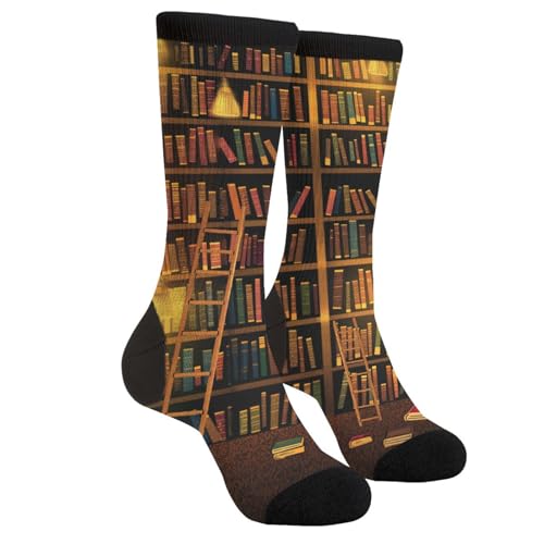 YISHOW Vintage Bookshelf Book Socks Men's Women's Crew Socks Funny Crazy Novelty Socks Gift - Image 1