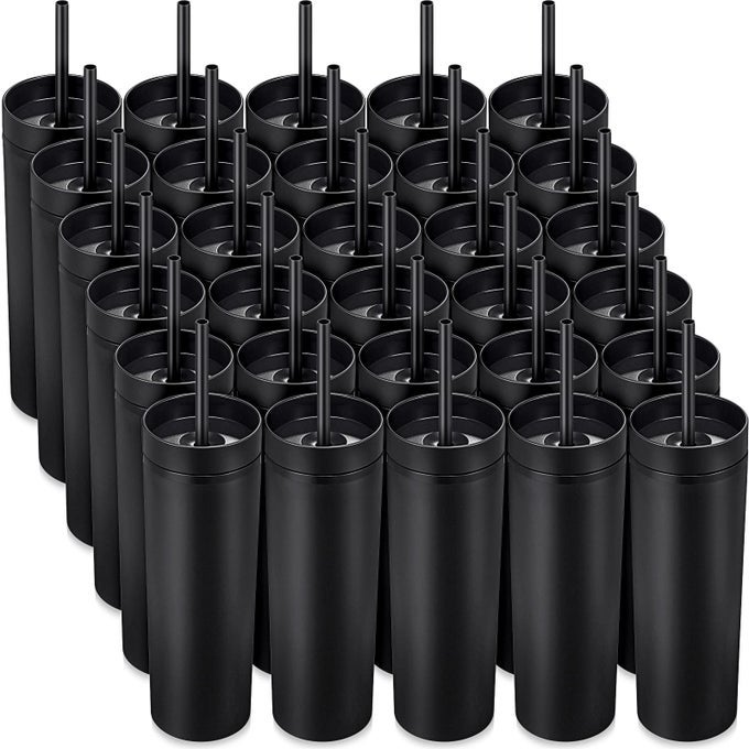 30 PACK SKINNY TUMBLER WITH LIDS AND STRAWS 16 OZ MATTE COLORED ACRYLIC TUMBLERS DOUBLE WALL PLASTIC TUMBLER CUPS SKINNY TRAVEL CUP REUSABLE CUP FOR PARTIES BIRTHDAY HOME OFFICEBLACK