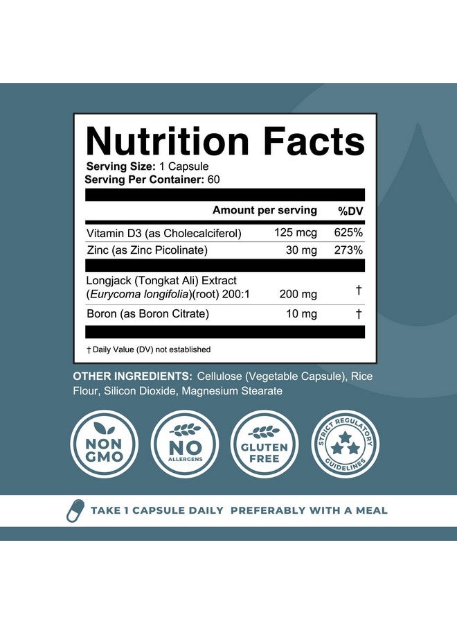 Left Coast Performance Boron Supplement For Men With Tongkat Ali - Boron 10mg, Vitamin D3, Zinc Picolinate 30mg, Longjack Tongkat Ali For Men - Boron Citrate For Men’s Health - Non GMO, Gluten Free, No Allergens - 60 ct - Image 2