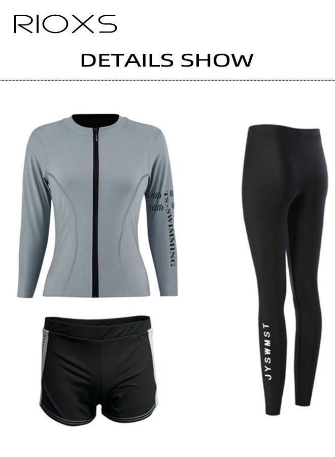 RIOXS 3-piece Women's Modest Long-Sleeve Swimwear Set with UPF Sun Protection,  High-Waisted Bottoms for a Flattering Silhouette, Quick-Dry Ocean Fishing Sun Protection Set, Form-Fitting Long Pants and Underwear to Prevent Embarrassing Situations, Chafing-Resistant Wetsuit, Full-Coverage Active Swimwear for Snorkeling, Surfing, Beach Yoga, and Pool Workouts, Gray - Image 2