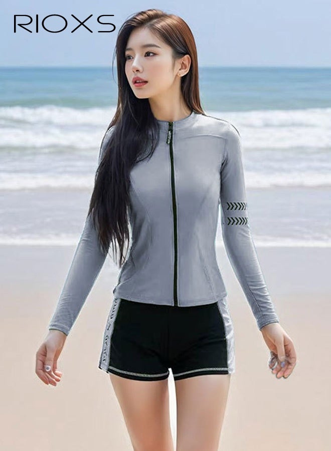 RIOXS 3-piece Women's Modest Long-Sleeve Swimwear Set with UPF Sun Protection,  High-Waisted Bottoms for a Flattering Silhouette, Quick-Dry Ocean Fishing Sun Protection Set, Form-Fitting Long Pants and Underwear to Prevent Embarrassing Situations, Chafing-Resistant Wetsuit, Full-Coverage Active Swimwear for Snorkeling, Surfing, Beach Yoga, and Pool Workouts, Gray - Image 5
