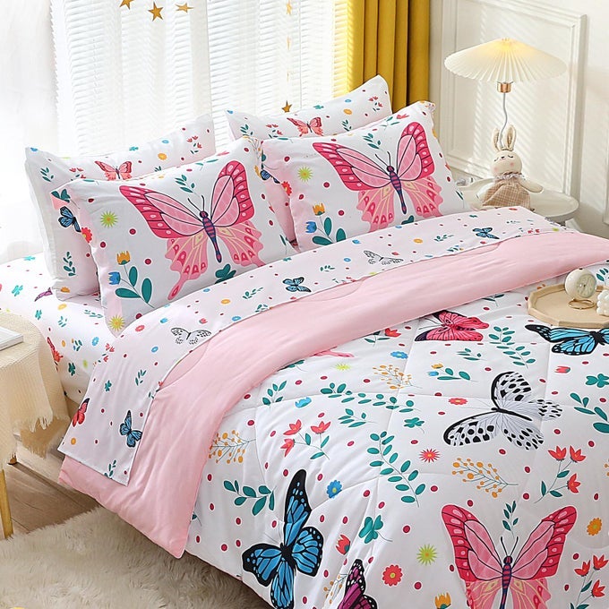 GIRLS BUTTERFLY COMFORTER SET FULL SIZE 7 PIECE BED IN A BAG COLORFUL FLOWERS LEAVES BEDDING SET FOR KIDS TEENS SUPER SOFT ALL SEASON
