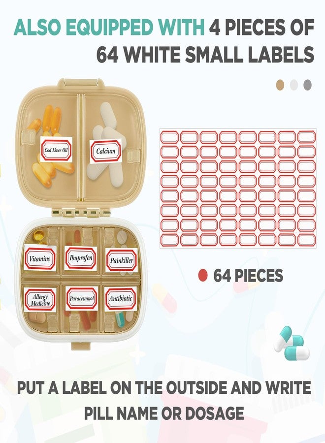Layhit 30 Pcs Travel Pill Organizer Bulk with Labels Portable Daily Pill Dispenser 8 Compartments Medicine Storage Case for Vitamins, Fish Oils, Supplements (White,Gray,Khaki - Image 4