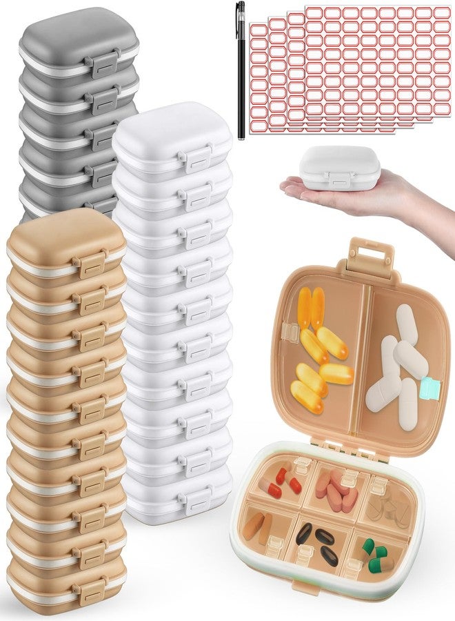 Layhit 30 Pcs Travel Pill Organizer Bulk with Labels Portable Daily Pill Dispenser 8 Compartments Medicine Storage Case for Vitamins, Fish Oils, Supplements (White,Gray,Khaki - Image 1