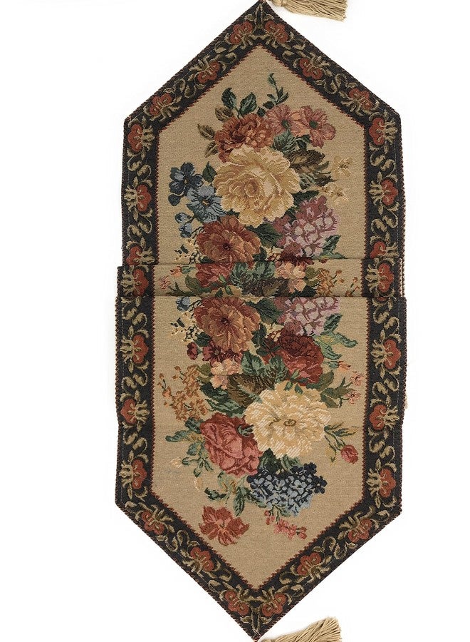 DaDa Bedding Elegant Colorful Mediterranean Dining Table Runner - Vintage Breath of Spring Botanical Floral Blossom Garden - Tan Brown Red Bordered Woven Kitchen Dinner Mat - 13" x 48" - Image 4