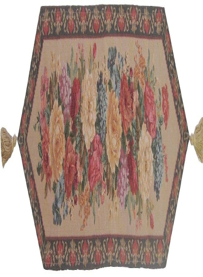 DaDa Bedding Elegant Colorful Mediterranean Dining Table Runner - Vintage Breath of Spring Botanical Floral Blossom Garden - Tan Brown Red Bordered Woven Kitchen Dinner Mat - 13" x 48" - Image 3