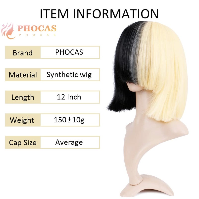 PHOCAS HairPhocas Half Blonde and Black 2 Tone Hair Short Straight Cosplay Wig for Women - Image 2