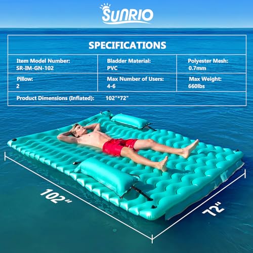 Sunrio 2025 ترقية 102''*72'' حصيرة عائمة عملاقة قابلة للنفخ - عوامة بركة، عوامة بحيرة للبالغين مع أرجوحة بركة، حصائر بركة للسباحة على الشاطئ والبحيرة لصيف حفلة مائية باللون الأخضر - Image 3