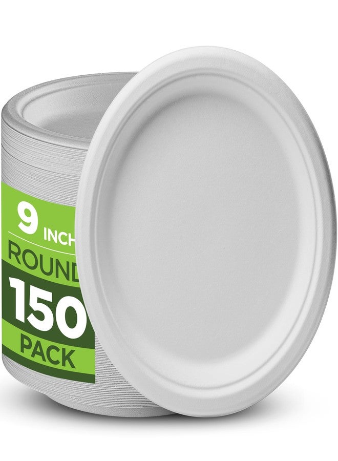 Munfix 100% Compostable Paper Plates Heavy Duty -150 Pack Biodegradable Disposable Plates - 9 Inch White Disposable Dinner Plates Made of Eco-Friendly, Natural Sugarcane Bagasse, Microwavable Plates Bulk - Image 1