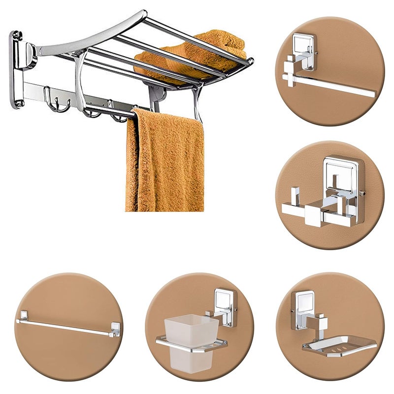 plantex Plantex Stainless Steel Folding Towel Rack with Stainless Steel 304 Grade Darcy Bathroom Accessories Set 5pcs (Towel Rod/Napkin Ring/Tumbler Holder/Soap Dish/Robe Hook)  - Image 1