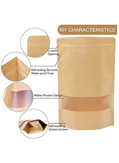 KASTWAVE 100 Pcs 3.5 ×5.5 Inches Kraft Stand Up Pouches Bags with Resealable Lock Seal Zipper Transparent Window, All Purpose Storing Food Storage Stand Up Food Bags for Home or Business  - Image 3