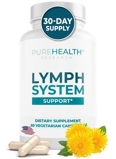 PUREHEALTH RESEARCH Lymph System Support Supplement - Lymphatic Drainage Supplement with Dandelion Extract, Cleavers, Burdock Powder - Reduce Swelling and Cleanse Lymph - 1 Bottle, Brown