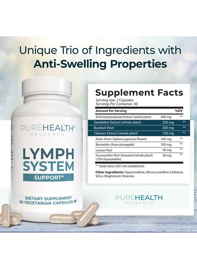 PUREHEALTH RESEARCH Lymph System Support Supplement - Lymphatic Drainage Supplement with Dandelion Extract, Cleavers, Burdock Powder - Reduce Swelling and Cleanse Lymph - 1 Bottle, Brown