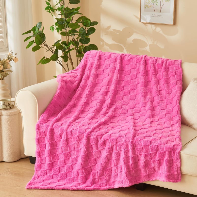 NEWCOSPLAY Super Soft Twin Blanket Hot Pink Premium Silky Flannel Fleece 3D Checkered Lightweight Bed Blanket All Season Use (Hot Pink Checkered  Twin(60""x80"")) - Image 1