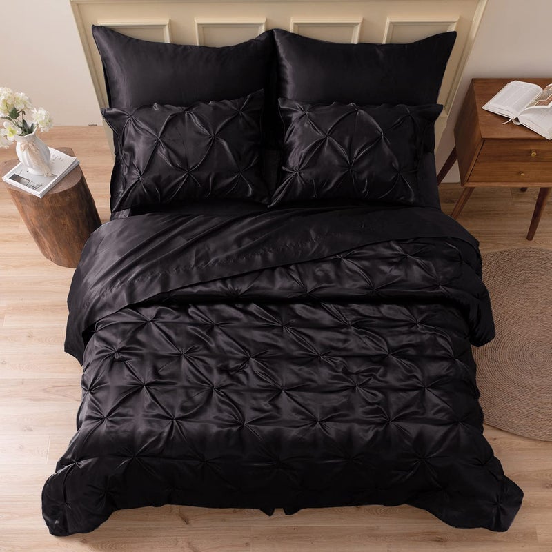 MRHM Satin Comforter Full 7 Pieces  Luxurious Pinch Pleat Bedding Set with Comforter Flat Sheet Fitted Sheet Pillowcases  Shams Super Silky Soft Bed Set for All Season Full Black